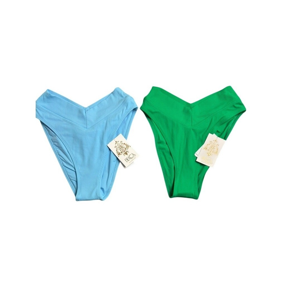 NWT BECCA Swim Bottom Set of 2 Sz M French Cut Bikini‎ Blue Green Ribbed V-Waist